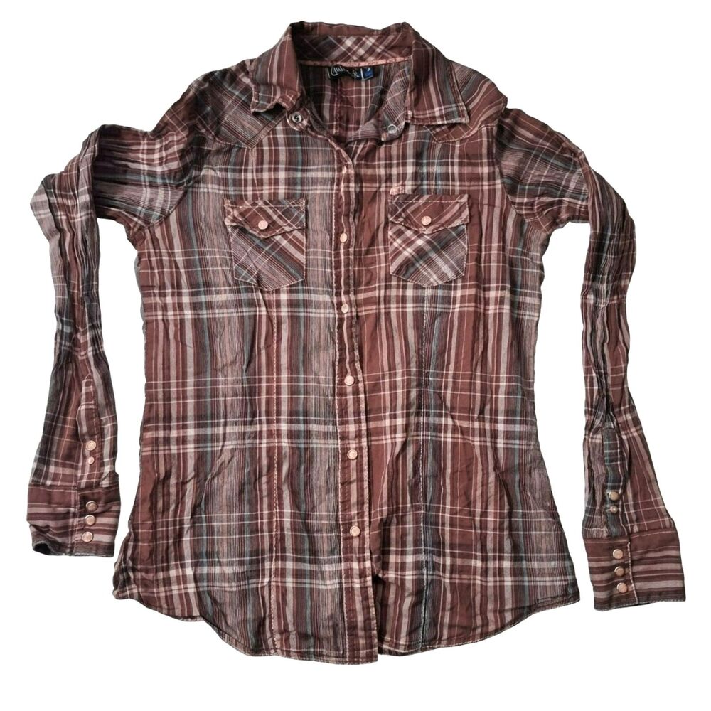 Cruel Girl Womens Medium Brown Plaid Pearl Snap Western Shirt Cowgirl Gorpcore